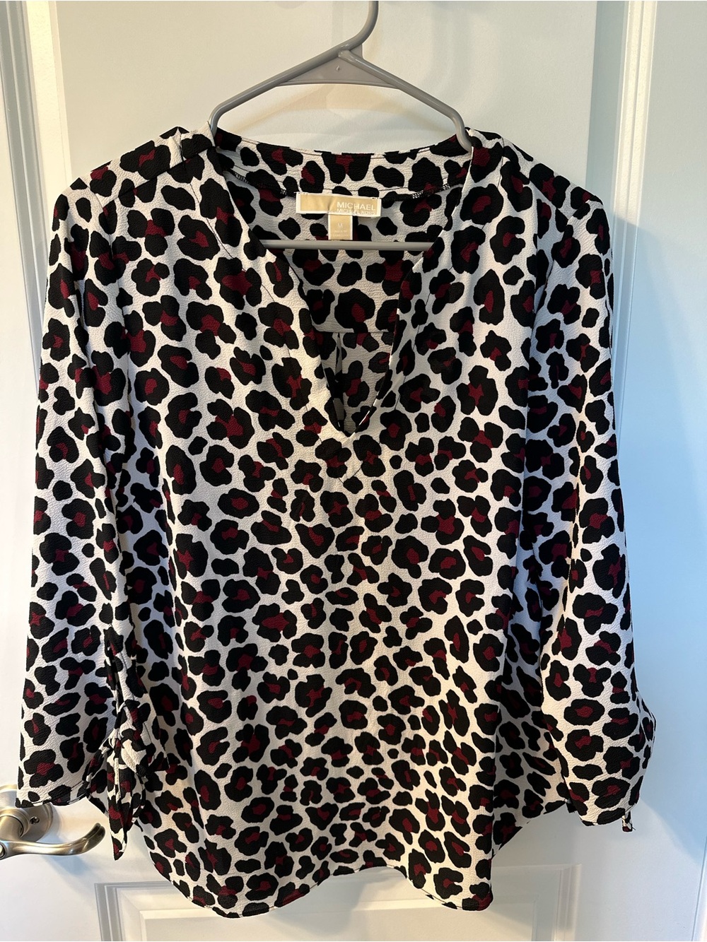 MICHAEL Michael Kors Leopard Print V-Neck Blouse - White, Black & Burgundy